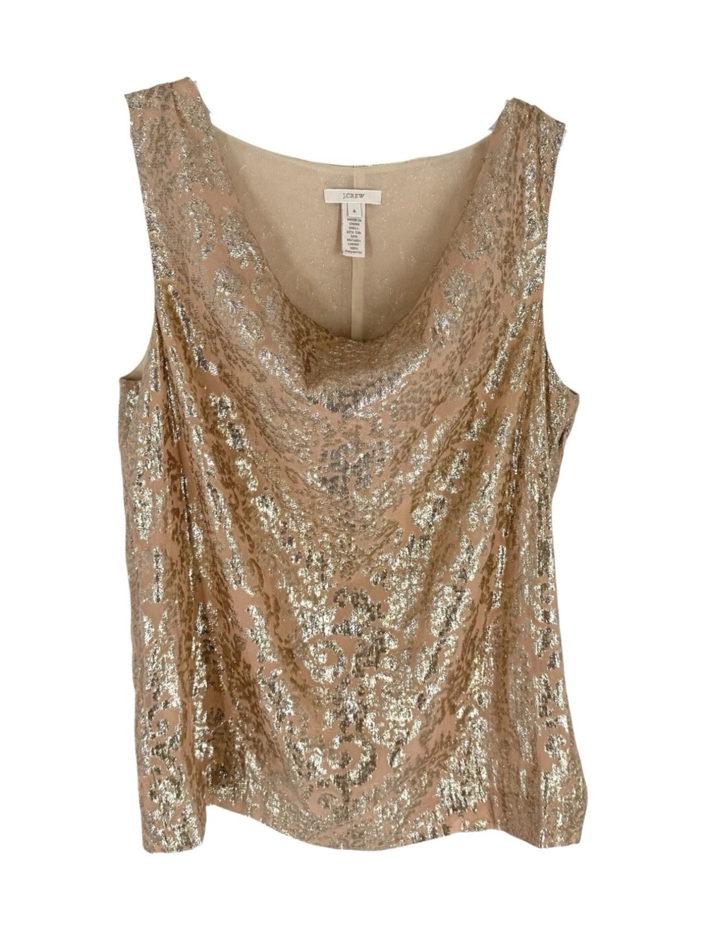 J Crew Silk Metallic Blouse Womens Size 4 Beige Gold Sleeveless Lined Drape Neck